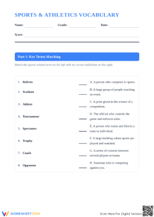 Essential Sports Vocabulary Worksheet | Grade 9-10 ELA
