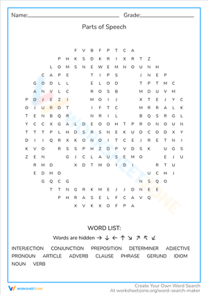 Parts of Speech Word Search Worksheet