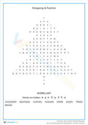 Shopping Fashion Vocabulary Learning Sheet