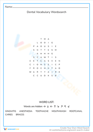 Dental Vocabulary Word Search Puzzle
