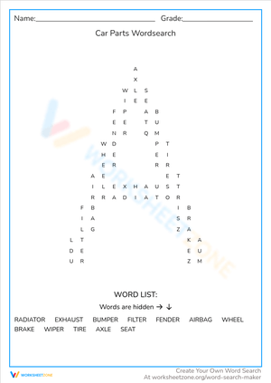 Car Parts Word Search: Automotive Vocabulary