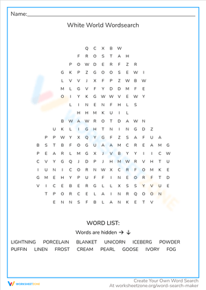 White World' Word Search Puzzle - Grades 2-4 Printable Game