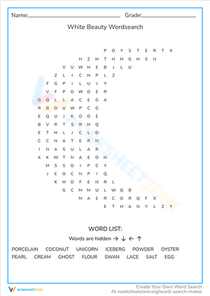White Beauty Word Search - Find the Hidden Words! (Grades 2-4)