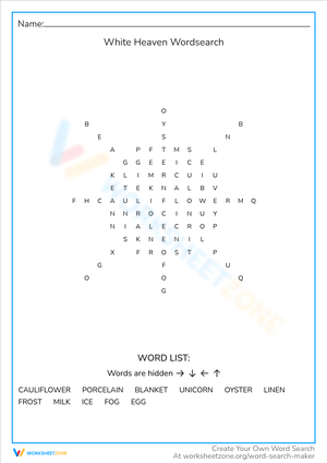 White' Things Word Search - Grades 2-4 Vocabulary Puzzle