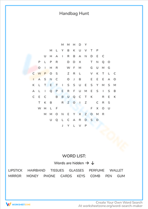 Handbag Hunt Word Search - Find the Hidden Purse Items!