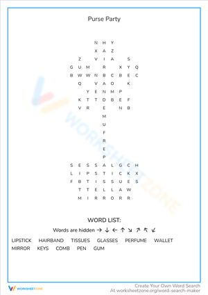 Purse Party Word Search: Find Items in a Purse! Grades 2-4