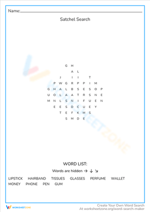Satchel Search Word Puzzle - Find Items in a Bag! Grades 2-4