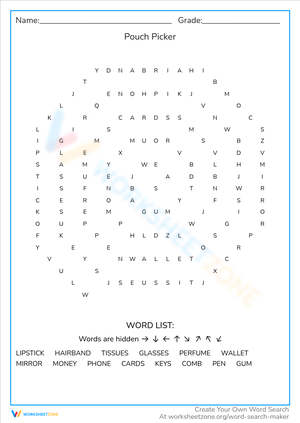 Pouch Picker' Word Search - Find Hidden Purse Items! Grades 2-4