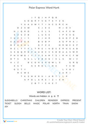 Polar Express Word Hunt Worksheet