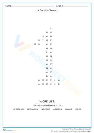 La Familia Word Search Worksheet