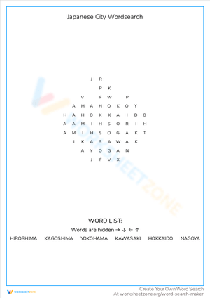 Japanese City Word Search Worksheet