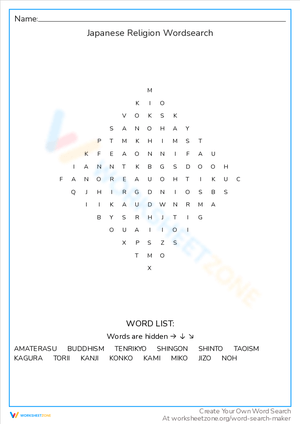 Japanese Religion Word Search Puzzle