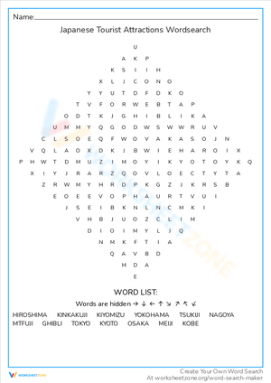 Japanese Tourist Spots Word Search