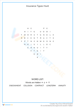 Insurance Types Hunt Worksheet