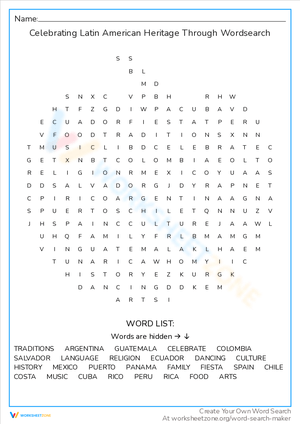 Latin American Heritage Wordsearch