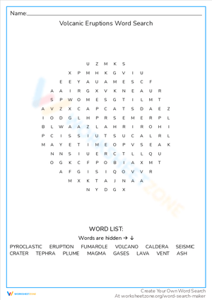 Volcanic Eruptions Vocabulary Word Search