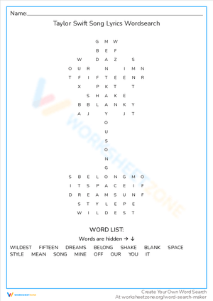 Taylor Swift Song Lyrics Word Search Challenge