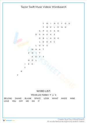 Taylor Swift Music Videos Word Search Puzzle