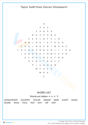 Taylor Swift Music Genres Word Search Challenge