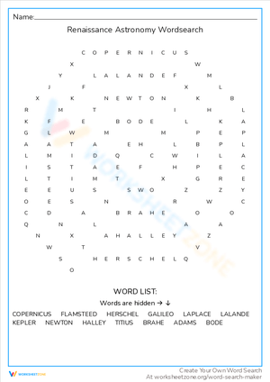 Renaissance Astronomy Word Search Worksheet