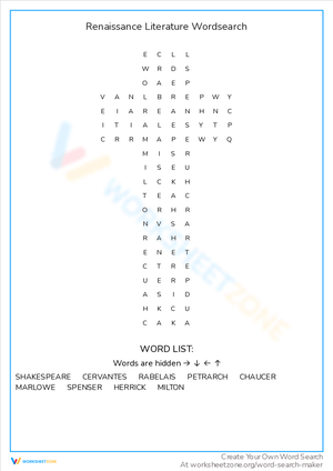 Renaissance Literature Word Search