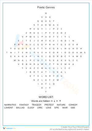 Poetic Genres Word Search Worksheet