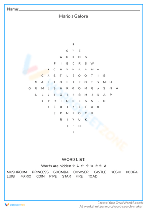 Mario's Galore Word Search Fun