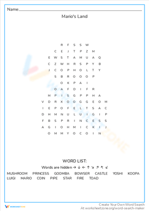 Mario's Land Word Search Puzzle