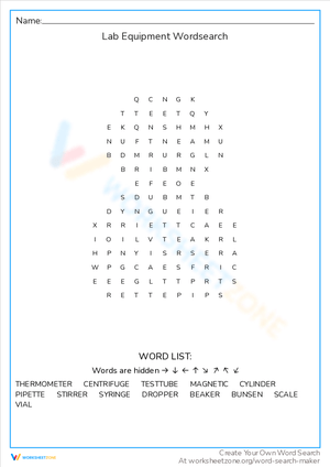 Lab Equipment Word Search Puzzle