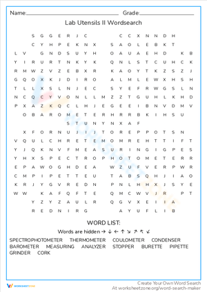 Lab Utensils Word Search Puzzle