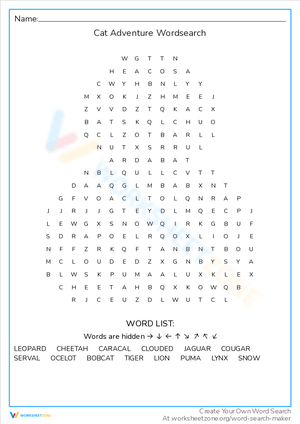 Cat Adventure Word Search Puzzle