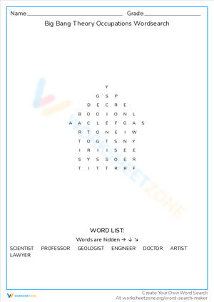 Big Bang Theory Occupations Word Search