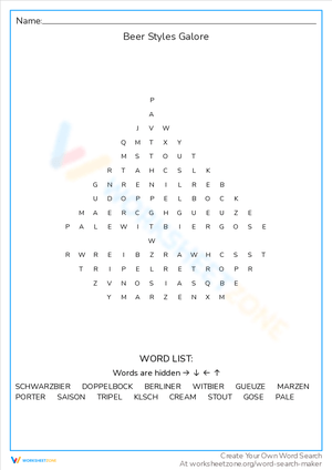 Beer Styles Galore Word Search