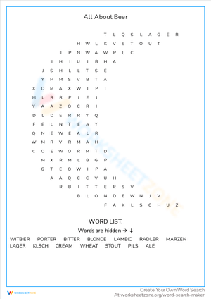 All About Beer Word Search Puzzle