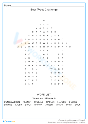 Beer Types Challenge Word Search