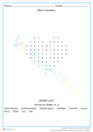 Beer Varieties Word Search Fun