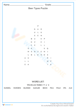 Beer Types Puzzle Word Search