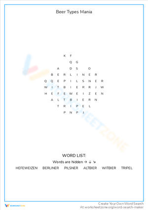 Beer Types Mania Word Search