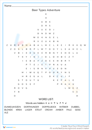 Beer Types Adventure Word Search