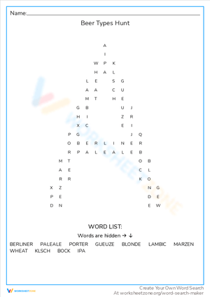 Beer Types Hunt Word Search