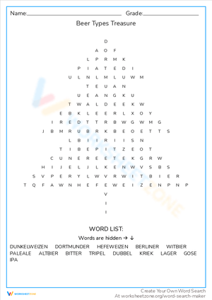 Beer Types Treasure Word Search