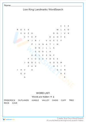 Lion King Landmarks Word Search Puzzle