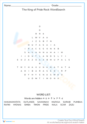 The King of Pride Rock Lion King Word Search