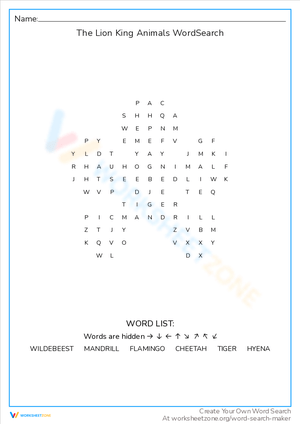 The Lion King Animals Word Search Puzzle