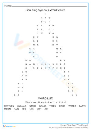 Lion King Symbols Word Search Worksheet