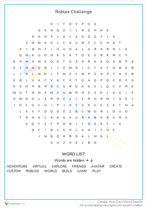 Roblox Challenge Word Search for Gamers