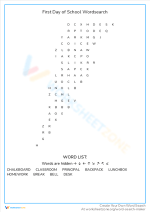 Fun First Day of School Word Search Worksheet