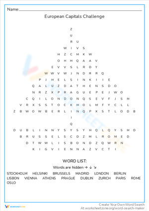 Complete the European Capitals Challenge Worksheet
