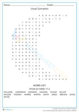 Exploring Usual Surnames: Heritage Worksheet