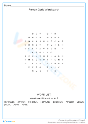 Roman Gods Word Search Worksheet